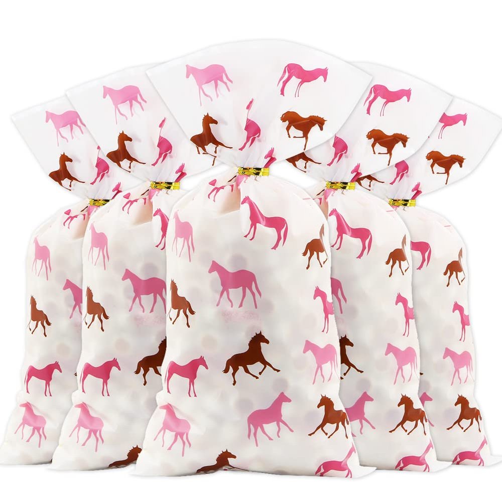 100 Pieces Horse Cellophane Bags Horse Goddie Bags, Pink Brown Pony Horse Racing on Pink Candy Treat Bag with Twist Ties for Cowboy Cowgirl Western Themed Party Derby Birthday Wedding Supplie
