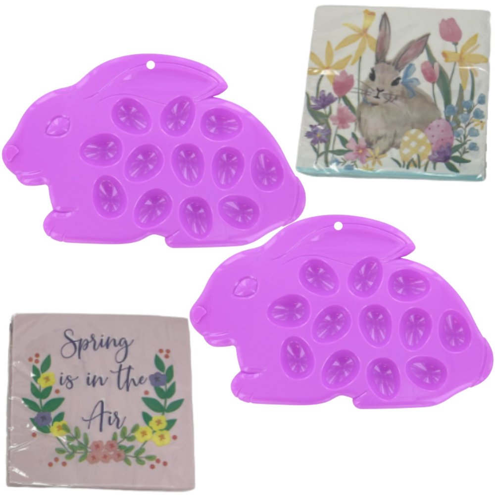 KRE 2Pcs Purple Plastic Easter Egg Tray 14x9x0.5 In and 1Pc of 16Ct of 2 Ply Rabbit Napkin 12.75x12.75 In and 1Pc of 13Ct Spring is in the Air Napkin 13x13 In Home Kitchens Pack of 4 with Bonus Yebbxu