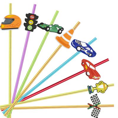 24 Pack Race Car Reusable Straws Kids Party Favors Birthday Speed Rally Racing Party Supplies Favor Drink Markers Bands 2 Cleaning Brushes 6 Colors Straws