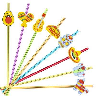 24pcs Cinco De Mayo Fiesta Theme Beverage Cocktail Straws for Mexico Fiesta Taco Party Supplies Party Favor with 2 Pieces Straw Cleaning Brushes, 6 Colors Straws