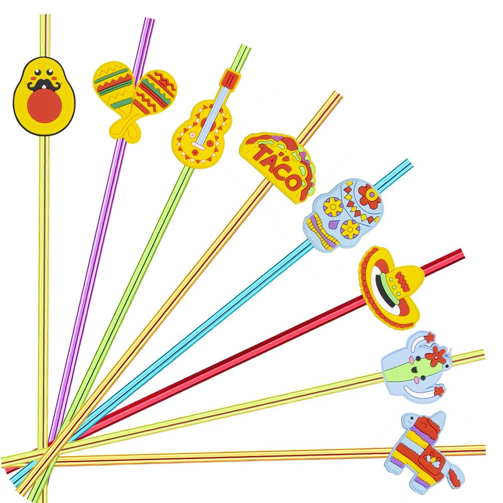 24pcs Cinco De Mayo Fiesta Theme Beverage Cocktail Straws for Mexico Fiesta Taco Party Supplies Party Favor with 2 Pieces Straw Cleaning Brushes, 6 Colors Straws