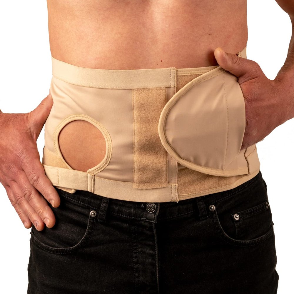 Safe n' Simple Ostomy Hernia Support Belt - 8" Small - Beige - Hernia Belt With Adjustable Right Hole For Men And Women - Colostomy Support Products