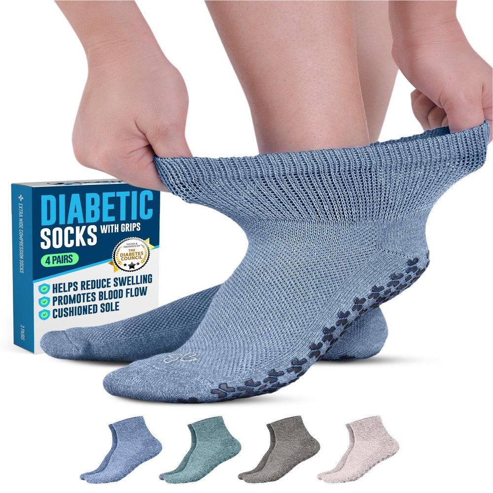 Diabetic Socks with Grips for Women and Men - 4 Pair | Green , Gray , Blue , Tan | Diabetic Ankle Socks | Gripper Socks | Neuropathy socks | Slipper Socks | Hospital Socks | Pregnancy Socks