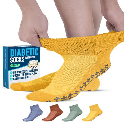 Doctor's Select Diabetic Socks with Grips for Women and Men - 4 Pair | Mustard, Green, Blue, Rust | Slipper Socks with Grippers for Women | Gripper Socks for Women | Diabetic Socks for Women Size 6-9