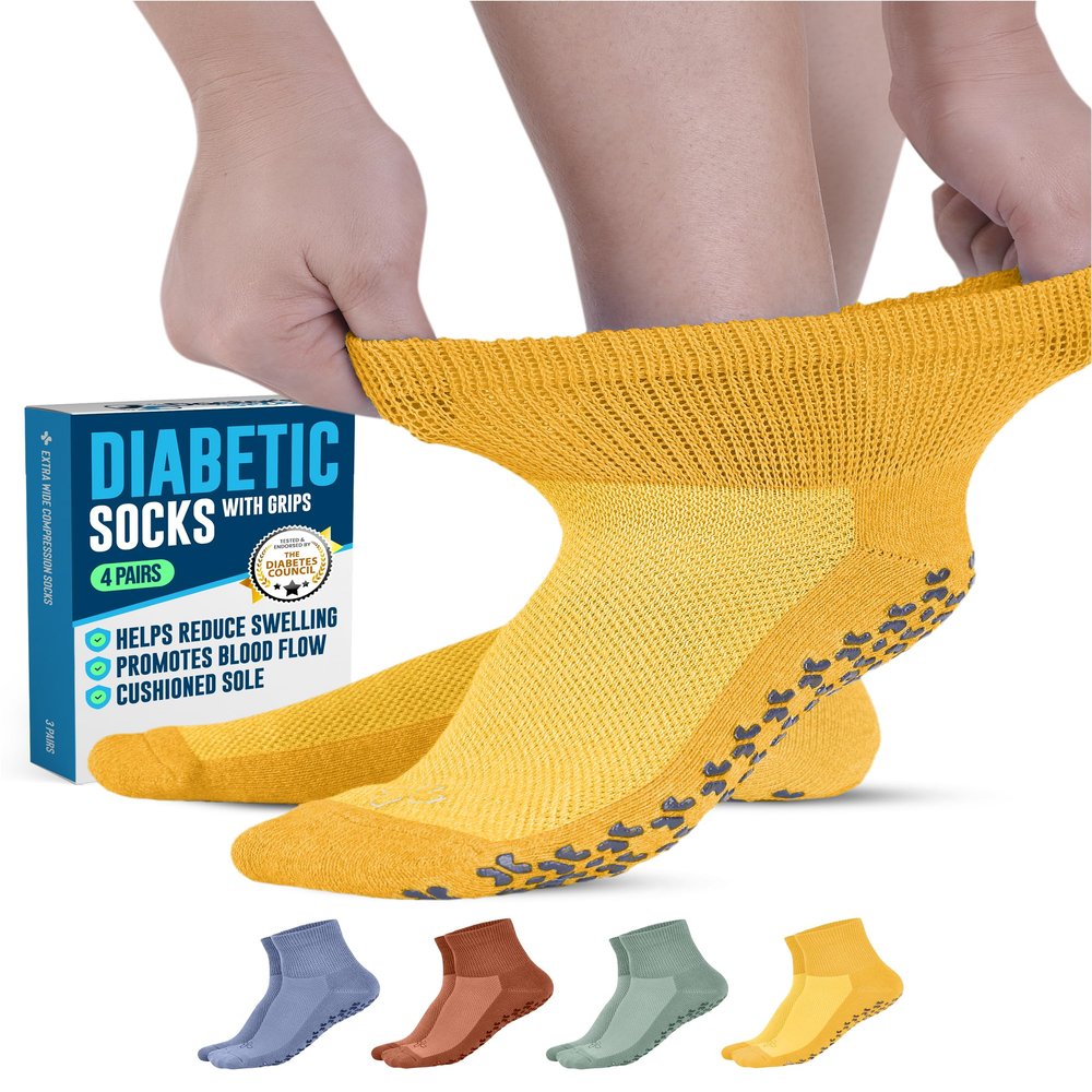 Doctor's Select Diabetic Socks with Grips for Women and Men - 4 Pair | Mustard, Green, Blue, Rust | Slipper Socks with Grippers for Women | Gripper Socks for Women | Diabetic Socks for Women Size 6-9