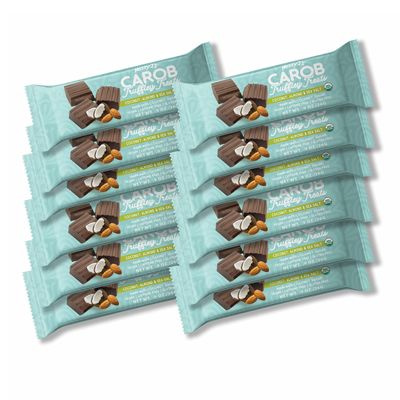 Missy J's Organic Carob Coconut, Almond and Sea Salt Truffley Treats 12 Pack, Vegan Gluten and Caffeine free, Healthy Substitute for Chocolate, Perfect for Snacks and Treats