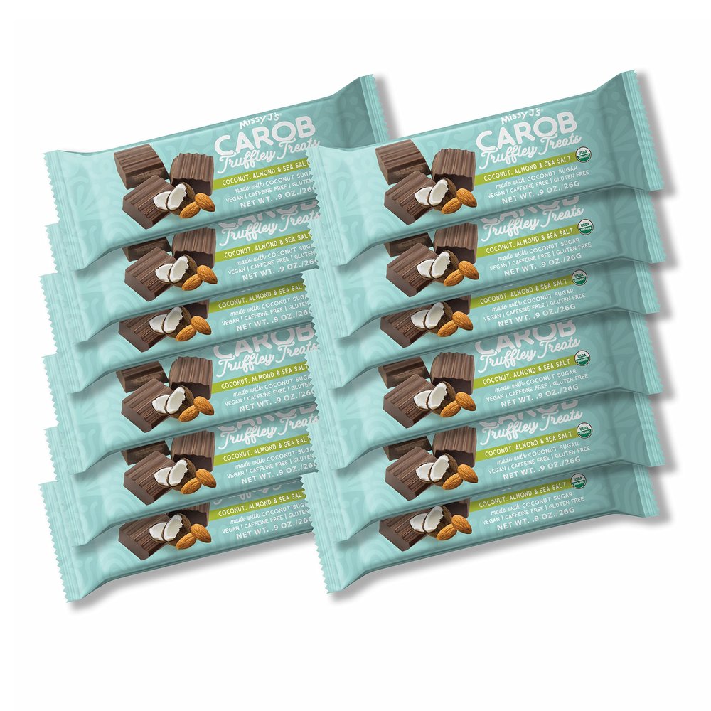 Missy J's Organic Carob Coconut, Almond and Sea Salt Truffley Treats 12 Pack, Vegan Gluten and Caffeine free, Healthy Substitute for Chocolate, Perfect for Snacks and Treats