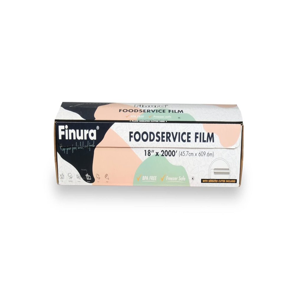 Finura Foodservice Plastic Wrap Film, Serrated Cutter, BPA Free, Antifog, Perfect Cling, Microwavable and Freezer Safe, for Home, Kitchen, Deli, Bakery, Butcher 3000 ft (sq. ft.) (18 in x 2000 ft)