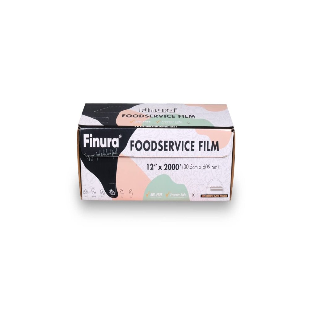 Finura Foodservice Plastic Wrap Film, Serrated Cutter, BPA Free, Antifog, Optimum Cling, Microwave and Freezer Safe, for Home & Kitchen 2000 ft (sq. ft.) (12 in x 2000 ft)