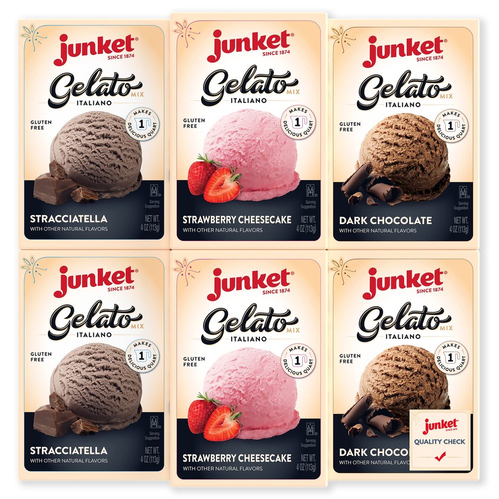 Junket Gelato Mix: Stracciatella (Vanilla Chocolate), Dark Chocolate, & Strawberry Cheesecake, Homemade Gelato Mix for Ice Cream Maker or Stir By Hand 4 ounce box, Yields 1 quart (Variety Pack of 6)