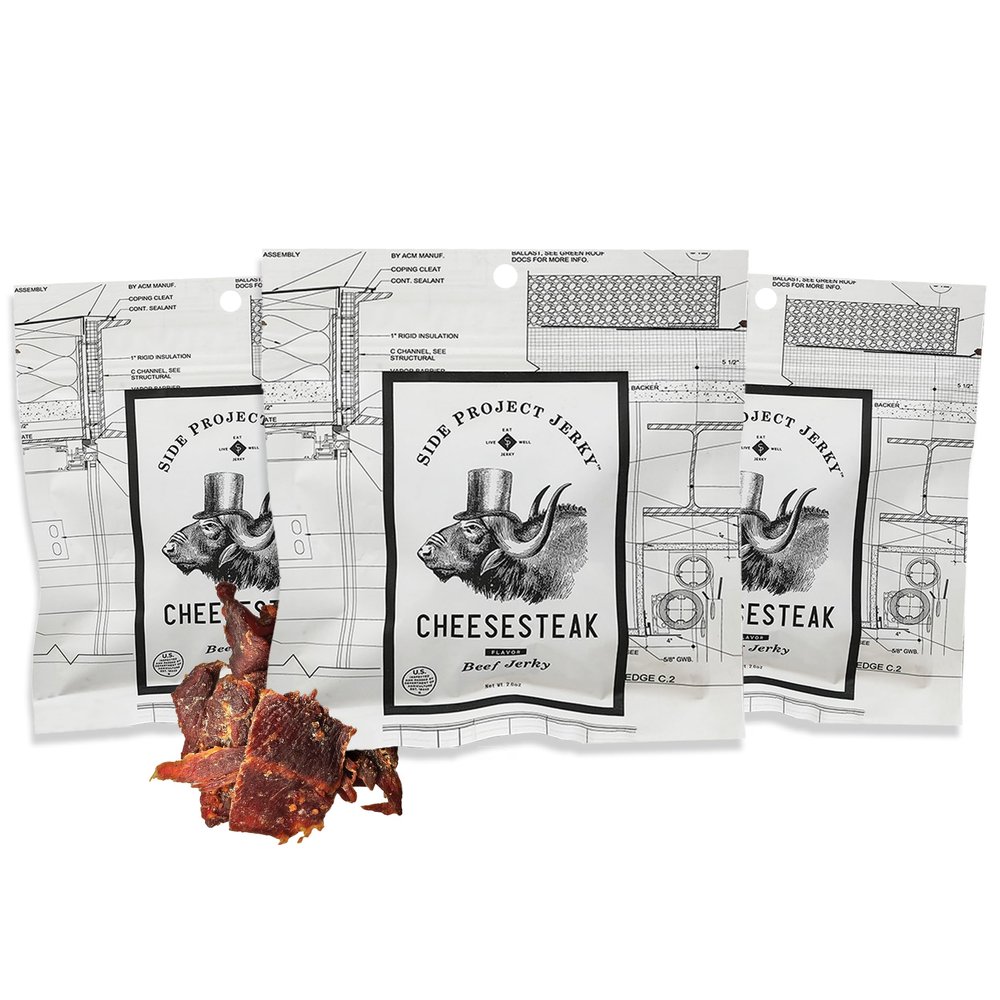 Side Project Beef Jerky - Cheesesteak Beef Jerky - Philly-Inspired Savory Snack with Steakhouse Flavor - High Protein Snack - Tender, Gluten Free - Chef Crafted & Small Batch - 2 oz Bag (Pack of 3)
