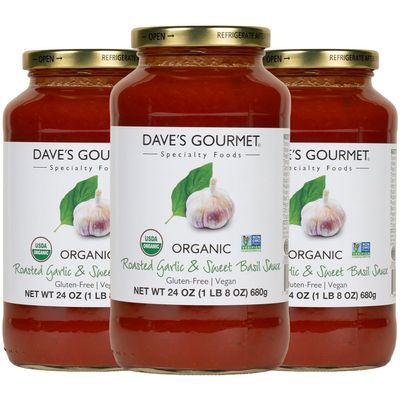 Dave's Gourmet Organic Roasted Garlic & Sweet Basil Pasta Sauce, 24 oz (Pack of 3 Jars) - Vegan & Gluten-Free Pasta Sauce, Ideal for Meatballs, Pizza, Chicken, Veggies, Salmon, Lasagna, Ziti, & More