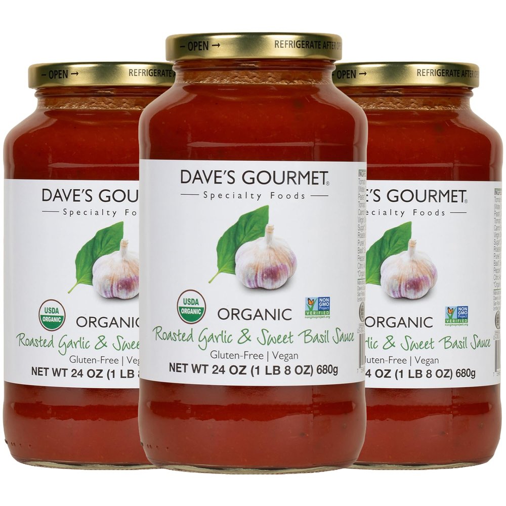 Dave's Gourmet Organic Roasted Garlic & Sweet Basil Pasta Sauce, 24 oz (Pack of 3 Jars) - Vegan & Gluten-Free Pasta Sauce, Ideal for Meatballs, Pizza, Chicken, Veggies, Salmon, Lasagna, Ziti, & More