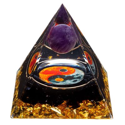 Yin Yang Healing Crystal Orgonite Pyramid - Tai Chi with Obsidian Amethyst Ball - Taiji Reiki Chakra Meditation Paperweights Decor