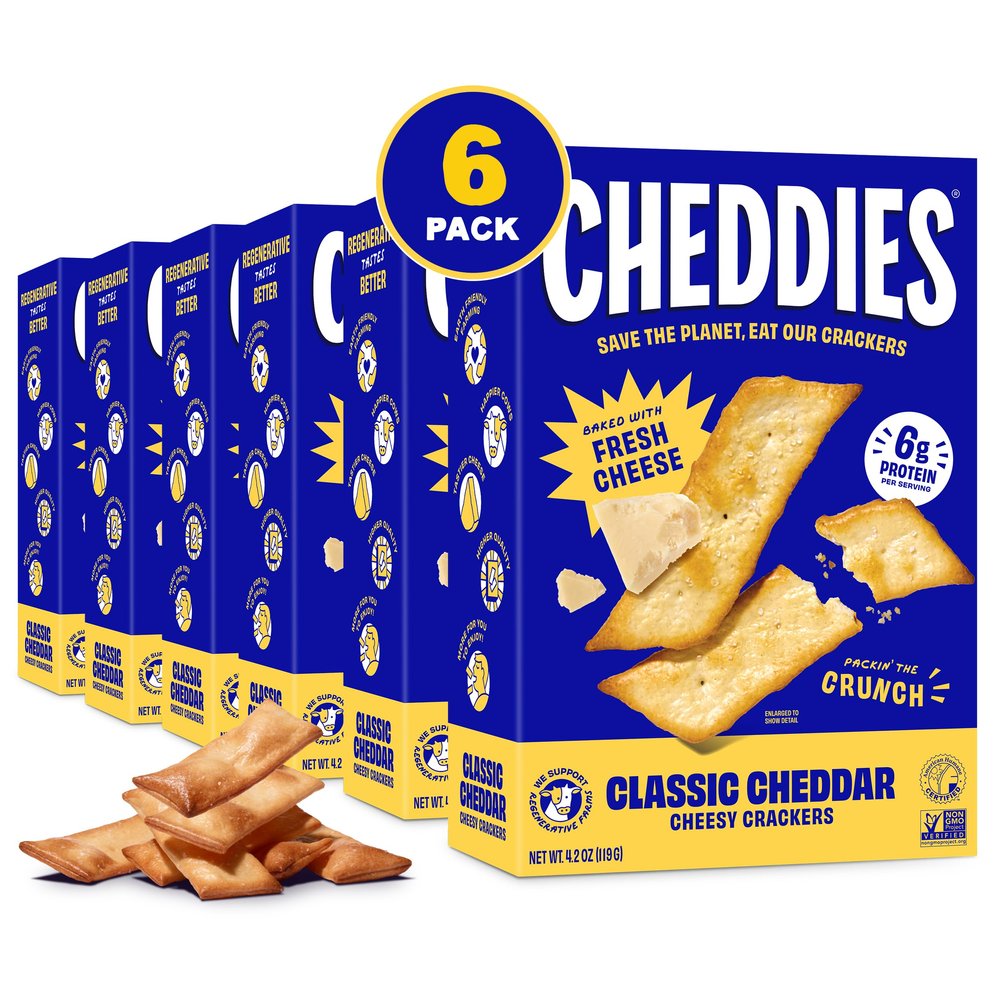 Cheddies Crackers | Classic Cheddar | Non-GMO, Regenerative Farming, High Protein | 4.2 Ounce (Pack of 6) (Packaging May Vary)