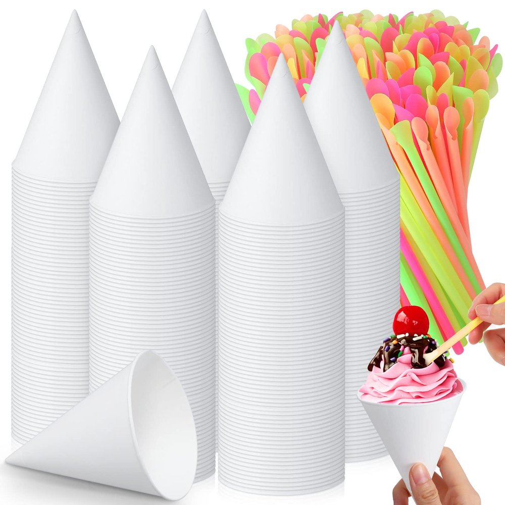 Eaasty 400 Pcs Snow Cone and Straws Cone Cups 4.5 oz Spoon Straws Disposable Paper Cups Straw Spoon for Slush Shaved Ice Cream Sorbet Water (White)