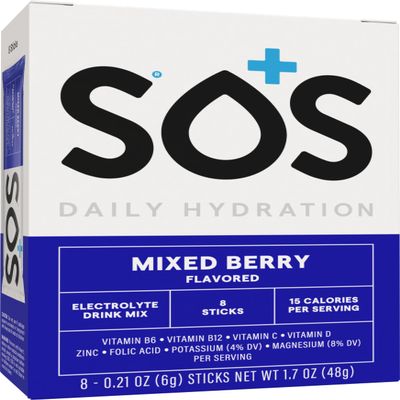 SOS Hydration Electrolyte Powder Sticks | Low Sugar Rapid Hydration | Keto Friendly (8 Servings, Mixed Berry)