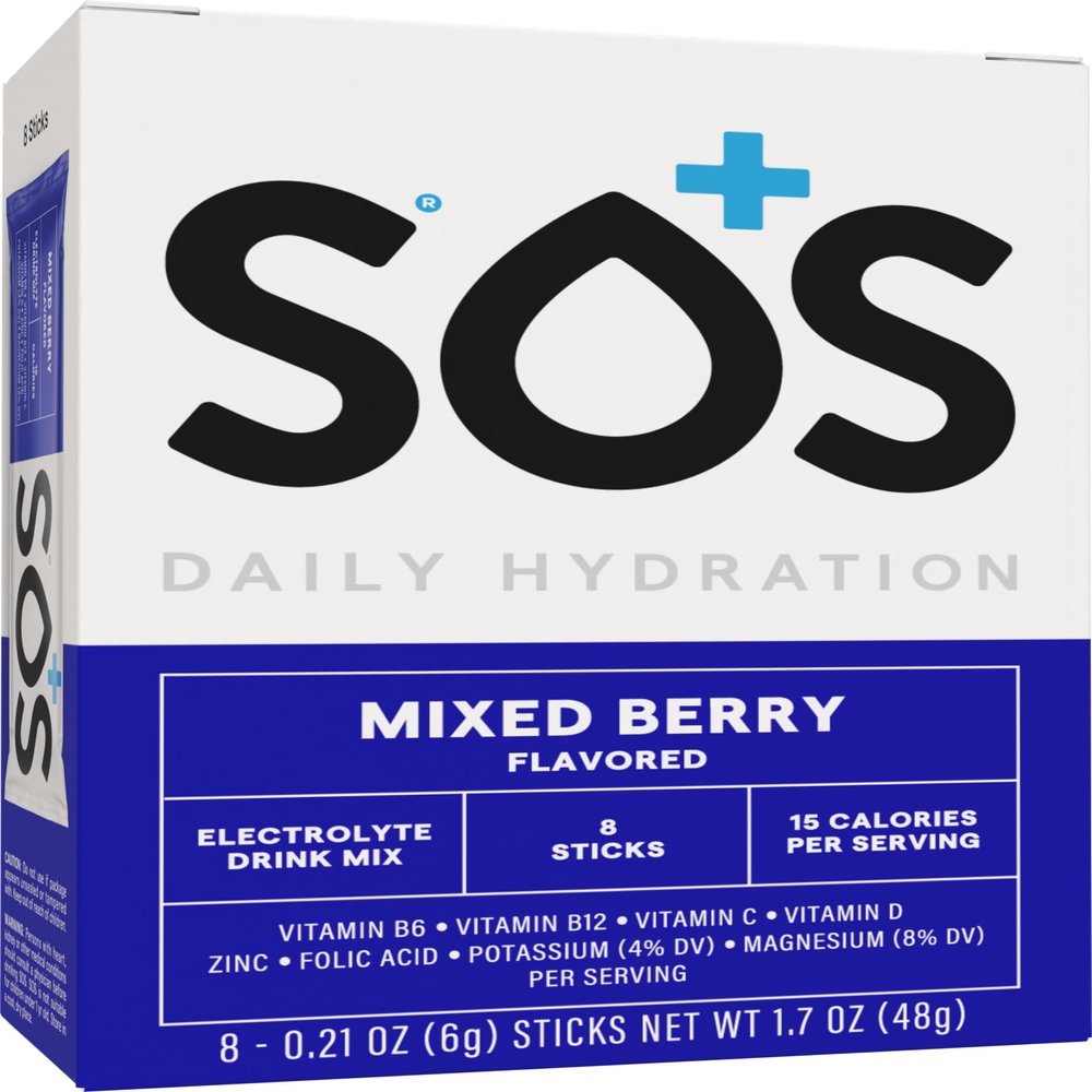 SOS Hydration Electrolyte Powder Sticks | Low Sugar Rapid Hydration | Keto Friendly (8 Servings, Mixed Berry)