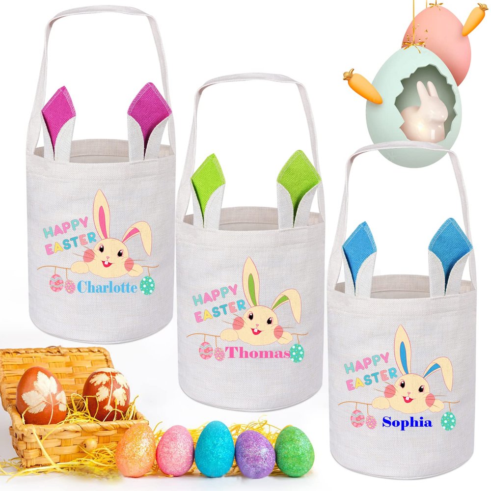 3 Pcs Personalized Easter Basket Empty, Touber Easter Baskets for Kids Easter Bunny Baskets Easter Basket with Name Custom Easter Basket Easter Gifts Baskets Easter Egg Hunt Basket