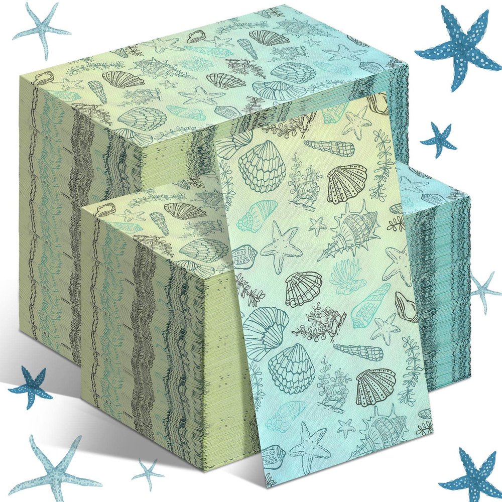 Sinmoe 200 Pcs Disposable Guest Napkins Summer Beach Hand Towels for Bathroom 2 Ply Disposable Paper Napkin for Beach Party Beach Paper Guest Towels Decorative Paper Napkin for Holiday (Shell)