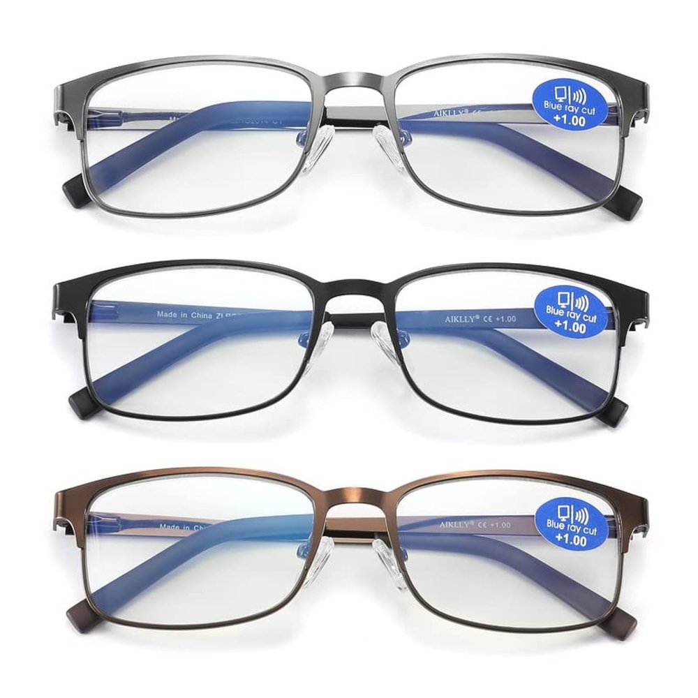 AIKLLY Reading Glasses for Men - 3 Pack Blue Light Blocking Men's Metal Readers (3 Pairs Mix Color, 3.0, multiplier_x)