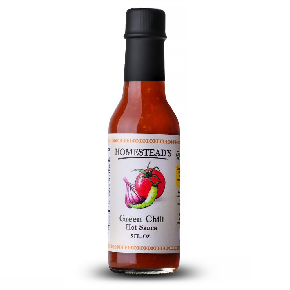 Homesteads Green Chili Hot Sauce | Fresh Tangy Mild Heat with Zesty Flavor | All-Natural Everyday Table Sauce | Gluten Free, Vegan, Kosher | Perfect for Tacos, Salads & Vegetables | 5 oz Bottle