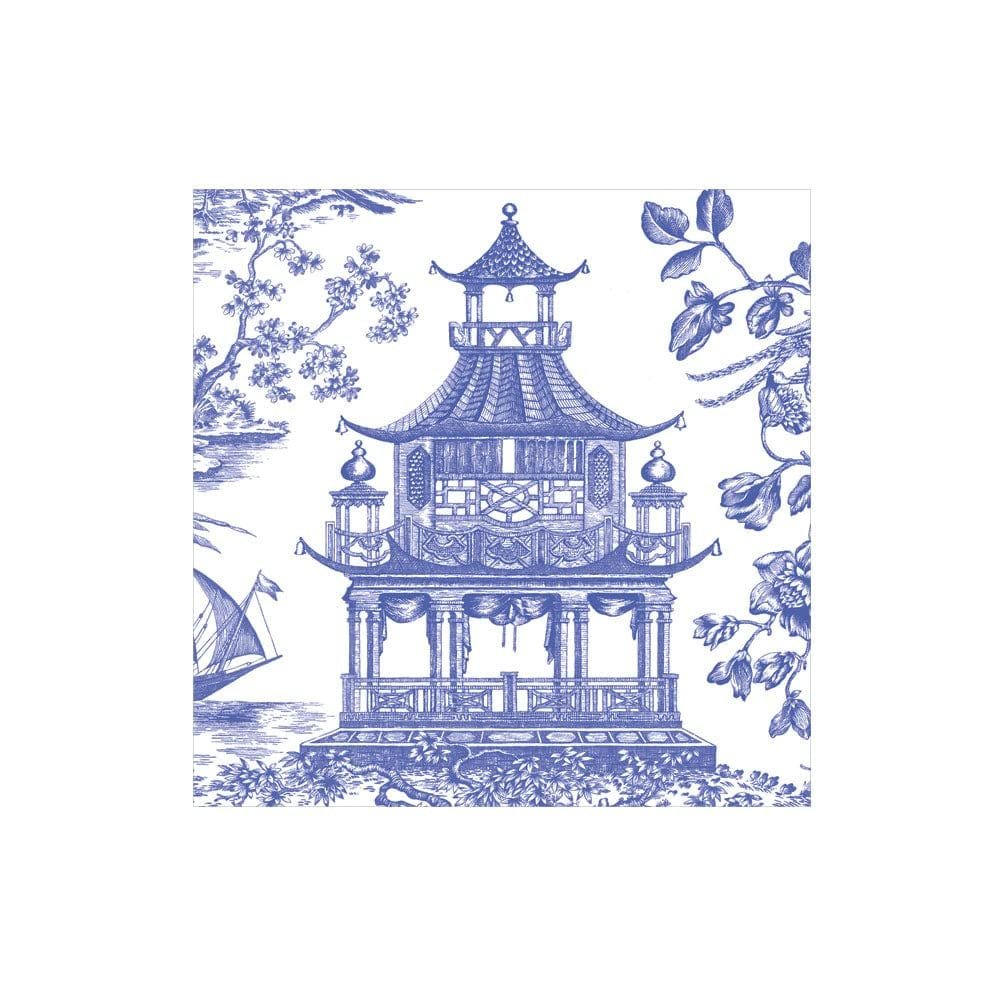 Caspari Chinoiserie Toile Pagoda Boxed Cocktail Napkins in Blue - 40 Per Box