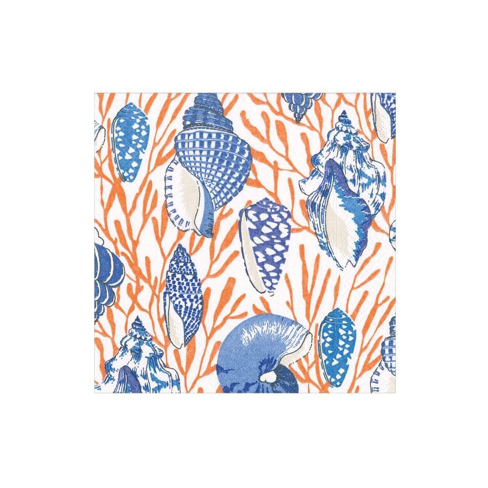 Caspari Shell Toile Boxed Cocktail Napkins in Coral & Blue - 40 Per Box