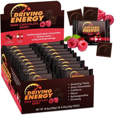 Driving Energy - Caffeinated Energy Bite Size - Dark Chocolate Berry Fuel with 150mg Caffeine - Long-Lasting for Gym, Workout, Adults - Great Taste - Low Carb - Healthy Snack - 30 Count