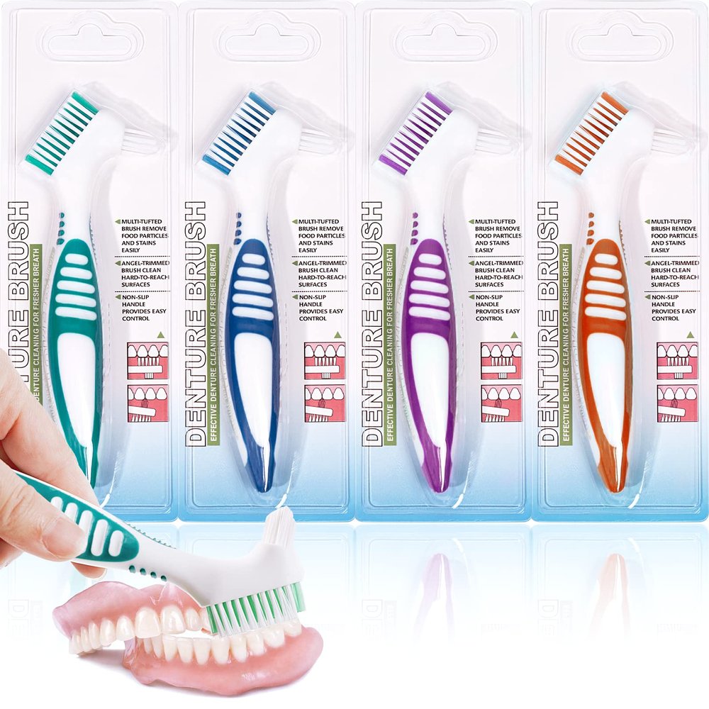 Mckkor Denture Brush 4 Pack,Double Sided Denture Toothbrushes, Multi-Layered Bristles & Ergonomic Rubber Anti-Slip Handle Denture Brush Toothbrush, for Denture Cleaning Care