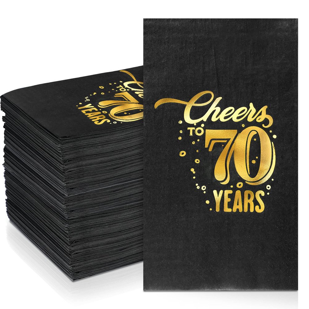200 Pcs 50th/60th/70th Birthday Napkins Cheer to 50/60/70 Years Disposable Black and Gold Dinner Party Napkin for Men Women Anniversary Decoration(70th Birthday)