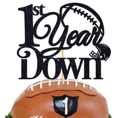 1st Year Down Cake Topper, One Year Old, Happy 1st Birthday, American Football Themed Birthday Party Decoration for Boys Girls, Black Glitter