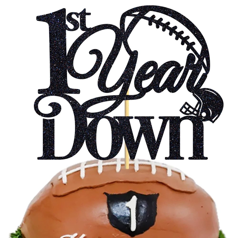 1st Year Down Cake Topper, One Year Old, Happy 1st Birthday, American Football Themed Birthday Party Decoration for Boys Girls, Black Glitter