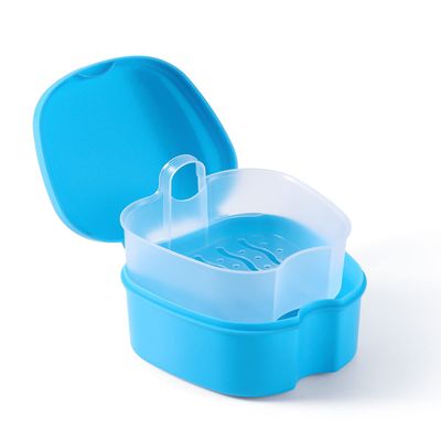 JMU Denture Bath Case with Strainer Basket Soaking Cup & Mouthguard Storage Container (Light Blue)