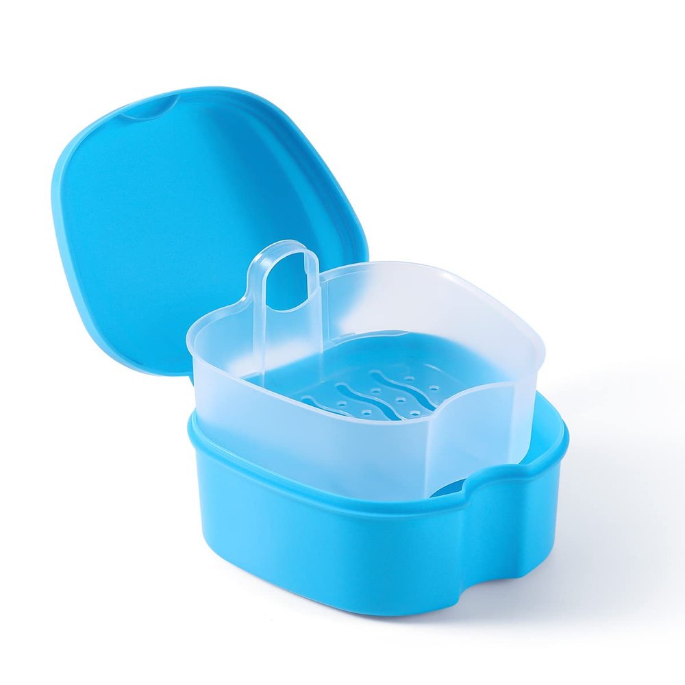 JMU Denture Bath Case with Strainer Basket Soaking Cup & Mouthguard Storage Container (Light Blue)
