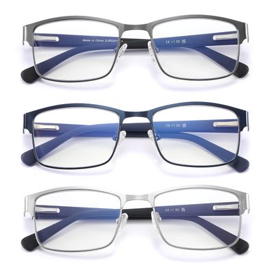 AIKLLY Reading Glasses for Men - 3 Pack Blue Light Blocking Men's Metal Readers (3 Pairs Mix Color-Sliver Gunmetal Blue, +2.5)