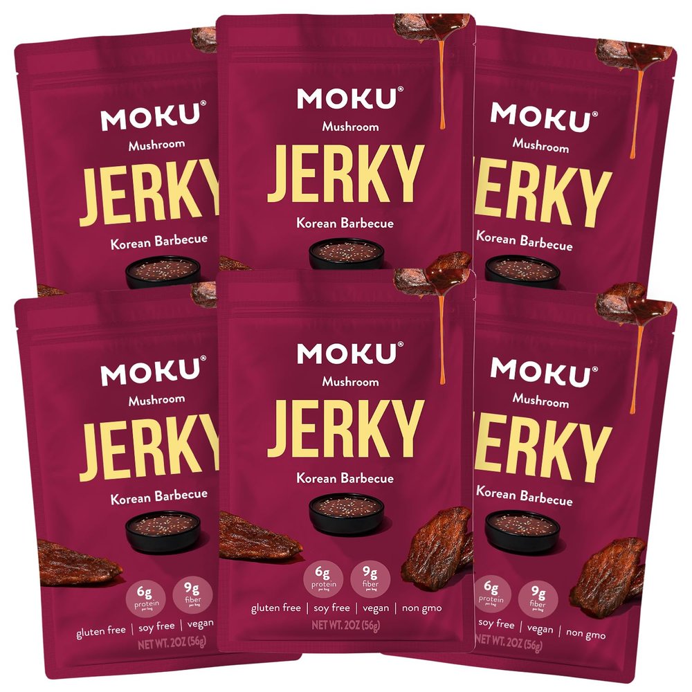 Moku Plant-Based Mushroom Jerky, Korean BBQ (3 Pack) Vegan Beef Jerky, Gluten Free, Soy-Free, Non-Gmo Vegan Snacks, Vegan Meat No Artificial Sweetener Vegan Food, Healthy Snacks, 2.0 Oz Ea (Korean