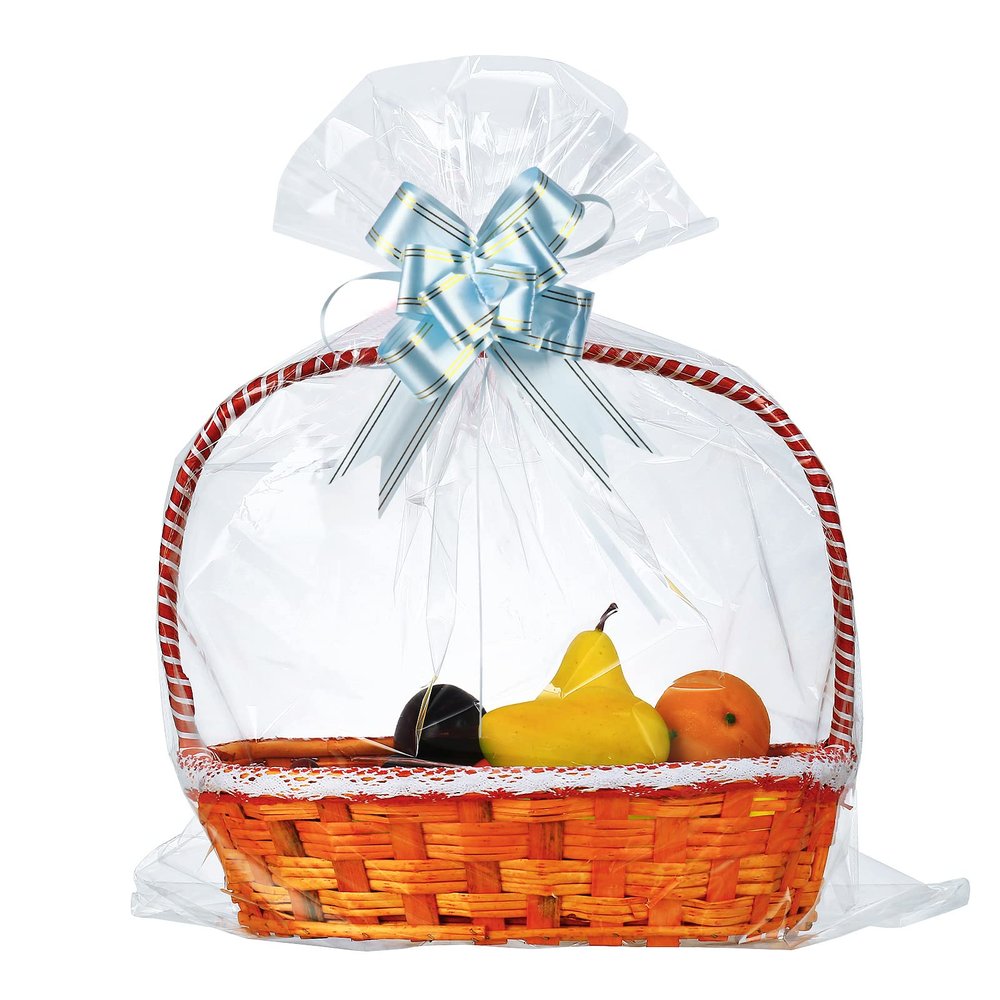 50 Packs Large Cellophane Bags 24" x 30" Clear Cellophane Gift Basket Wraps Extra-large 2.3 Mil Thick Transparent Cello Bags for Fruit Basket, Gift Wrap, Treats, Arts and Crafts, 50ct Ribbon Bows