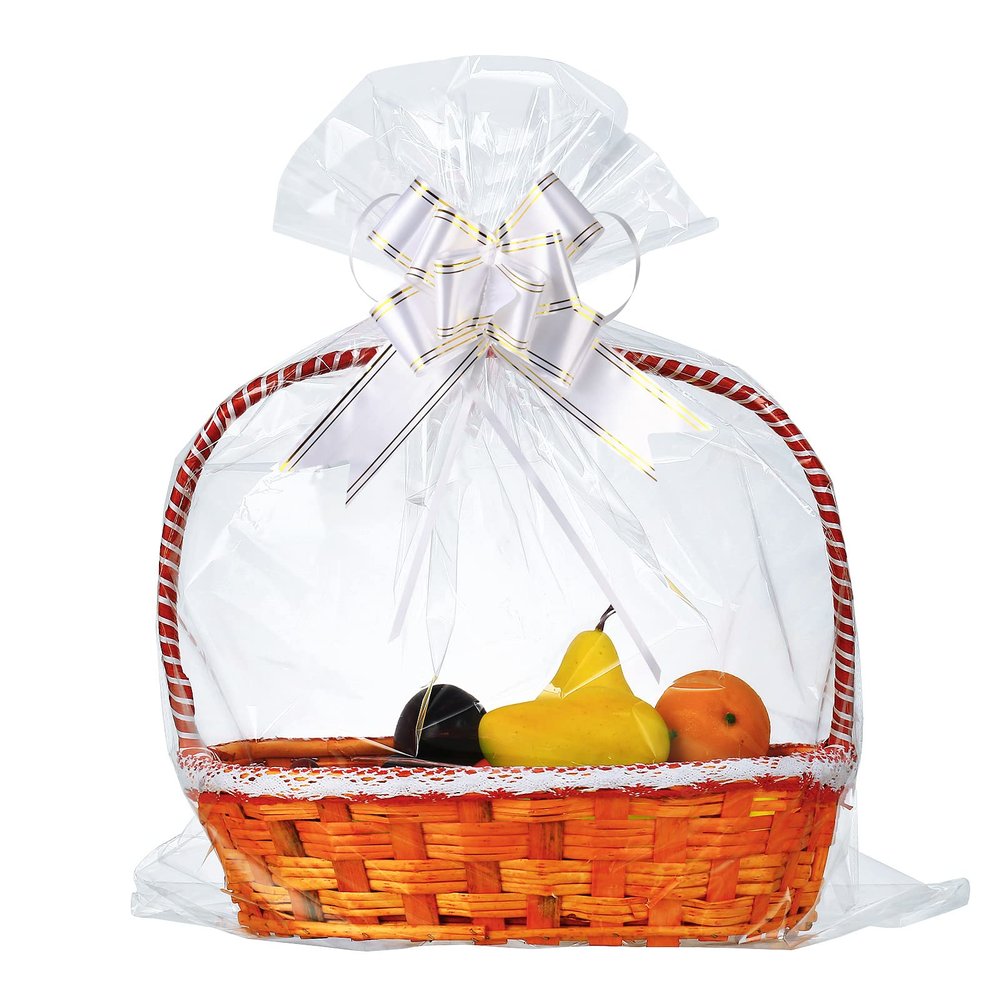 50 Packs Large Cellophane Bags 24" x 30" Clear Cellophane Gift Basket Wraps Extra-large 2.3 Mil Thick Transparent Cello Bags for Fruit Basket, Gift Wrap, Treats, Arts and Crafts, 50ct Ribbon Bows