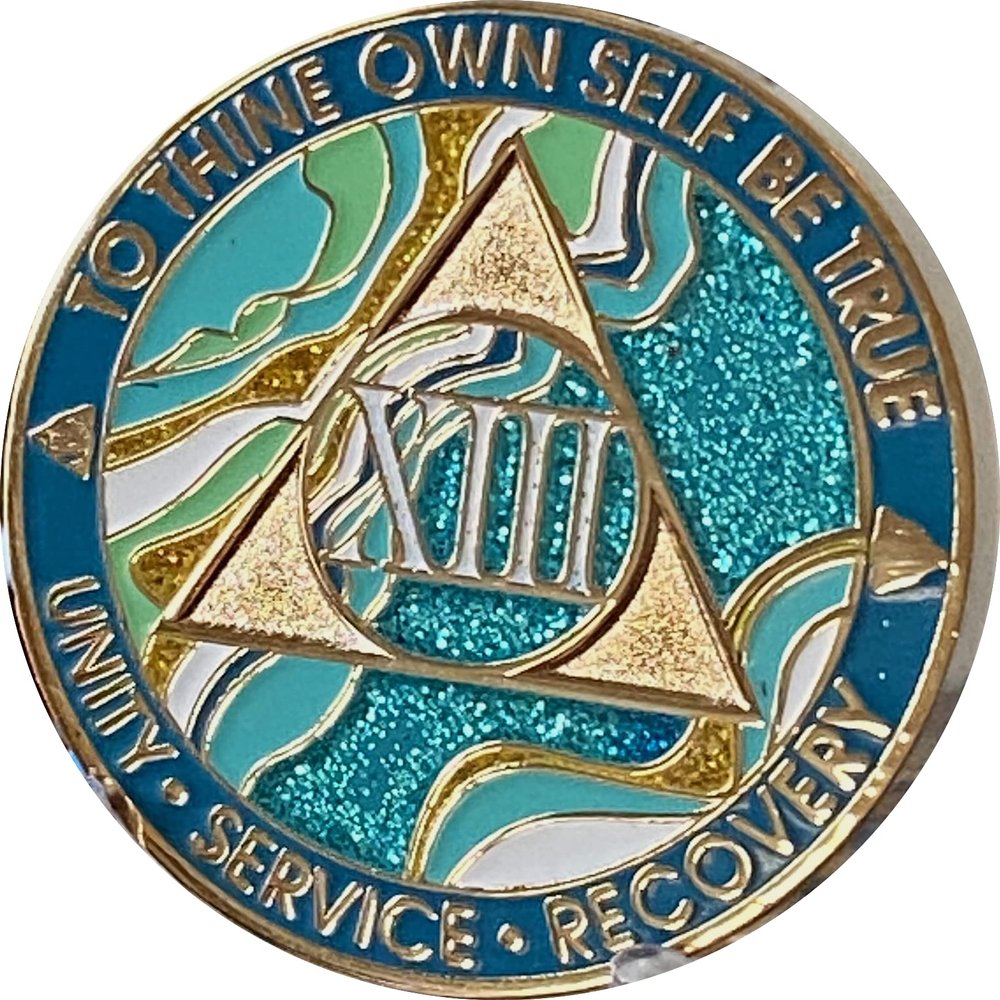 13 Year AA Medallion Elegant Marble Caribbean Aqua Glitter Blue Gold Plated Chip XII
