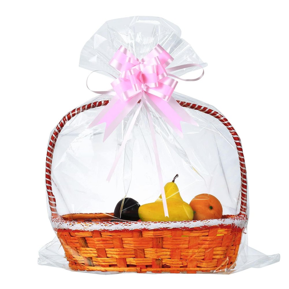 50 Packs Large Cellophane Bags 24" x 30" Clear Cellophane Gift Basket Wraps Extra-large 2.3 Mil Thick Transparent Cello Bags for Fruit Basket, Gift Wrap, Treats, Arts and Crafts, 50ct Ribbon Bows