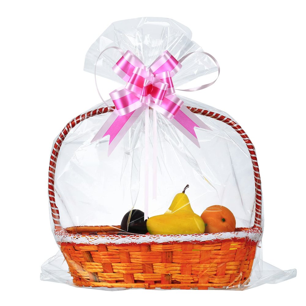 50 Packs Large Cellophane Bags 24" x 30" Clear Cellophane Gift Basket Wraps Extra-large 2.3 Mil Thick Clear Cello Bags for Fruit Basket, Gift Wrap, Treats, Arts and Crafts, 50ct Ribbon Bows