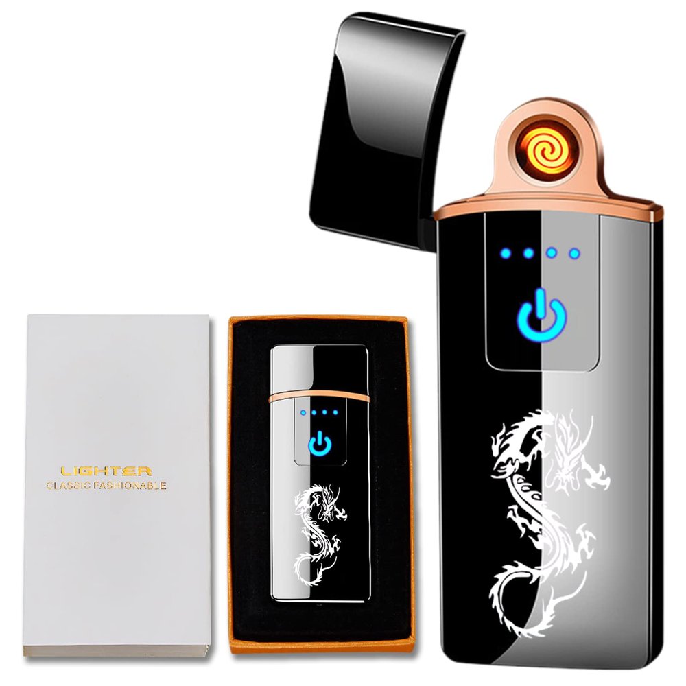 Dragon Electric Lighter - Windproof USB Rechargeable Slim Coil Lighter with Smart Fingerprint Sensor Double Side Ignition, Flameless Power Indicator (Dragon)