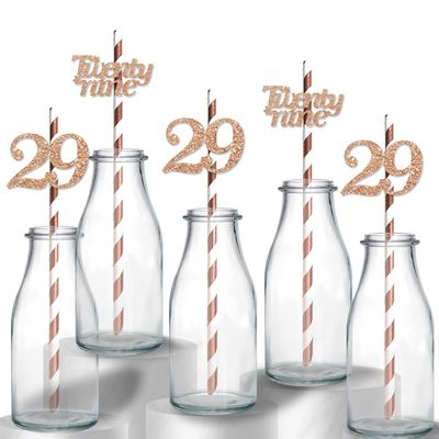 24pcs - Happy 29th Birthday Straws, Rose Gold Glitter Pattern Card Stock, Anniversary/Birthday Party Drinking Decorative Straws