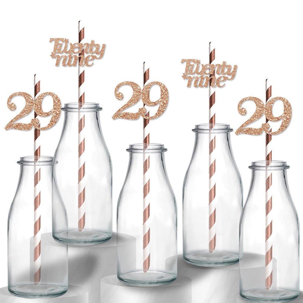 24pcs - Happy 29th Birthday Straws, Rose Gold Glitter Pattern Card Stock, Anniversary/Birthday Party Drinking Decorative Straws