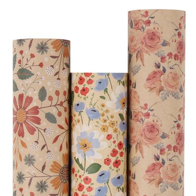 Aimyoo Kraft Floral Wrapping Paper Bundle, Vintage Spring Flowers Rose Gift Wrap Paper for Wedding Bridal Shower Birthday, 3 Rolls 17 in x 16 ft per Roll