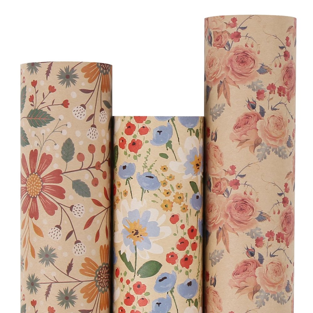 Aimyoo Kraft Floral Wrapping Paper Bundle, Vintage Spring Flowers Rose Gift Wrap Paper for Wedding Bridal Shower Birthday, 3 Rolls 17 in x 16 ft per Roll
