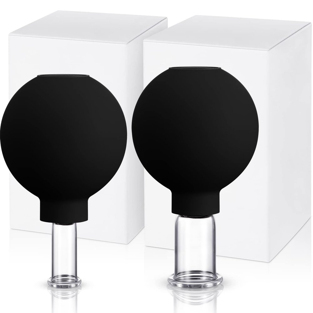 Nuanchu 2 Pieces Facial Cupping Set, Glass Cupping Cups Glass Silicone Cups Vacuum Suction for Face Skin Back Shoulder Muscle(1 Inch and 0.65 Inch Diameter,Black)