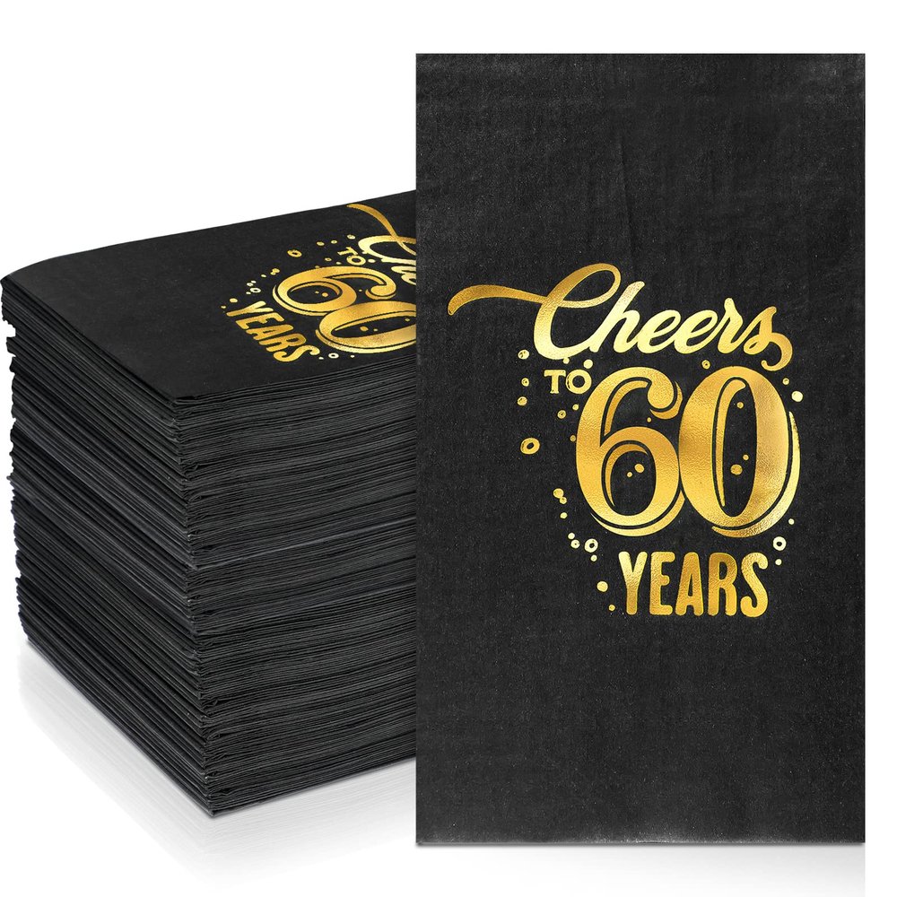 200 Pcs 50th/60th/70th Birthday Napkins Cheer to 50/60/70 Years Disposable Black and Gold Dinner Party Napkin for Men Women Anniversary Decoration(60th Birthday)
