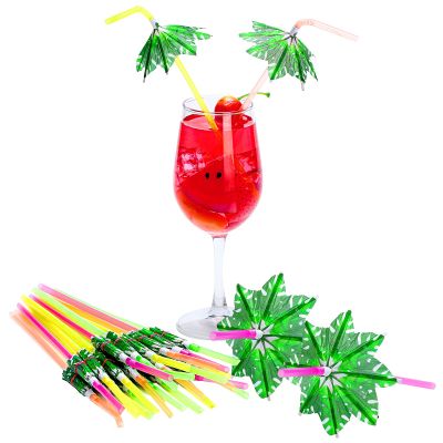 Chengu 100 Pieces Umbrella Straws for Drinks Hawaiian Cocktails Umbrella Straws Summer Beach Luau Tropical Drinks Party Decorations Supply, Colorful(Palm Tree)